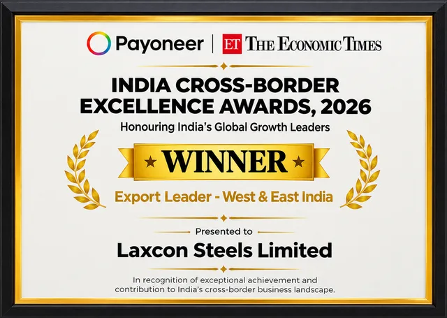 India Cross-Border Excellence Awards 2026 certificate from Payoneer and The Economic Times, naming Laxcon Steels Limited Export Leader, West and East India