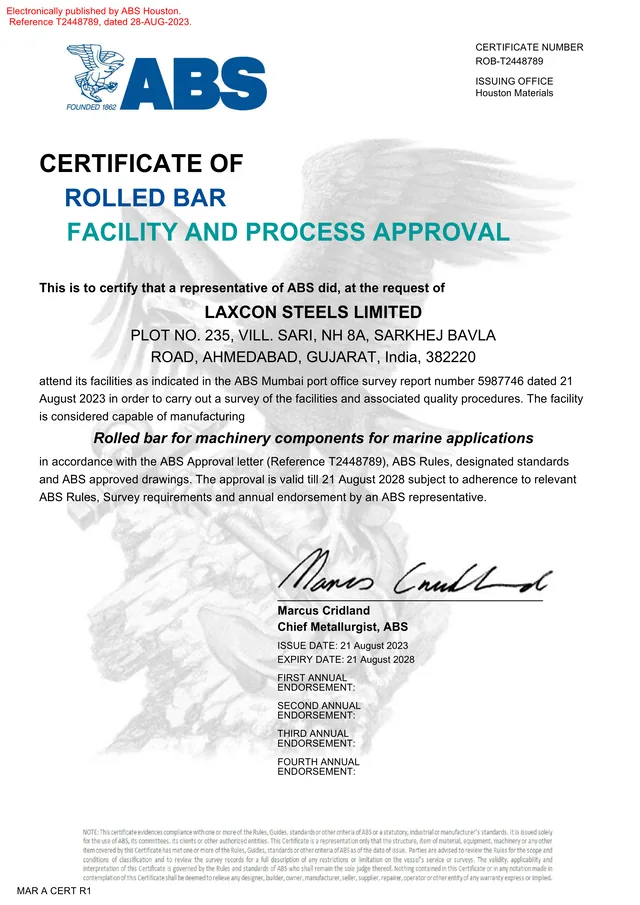 American Bureau of Shipping rolled bar facility and process approval for Laxcon Steels Limited