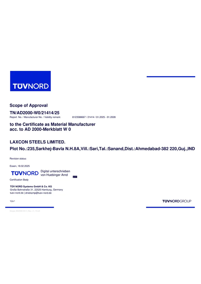 Scope of approval annex to the AD 2000-Merkblatt W 0 certificate, listing product types, material types and dimensions