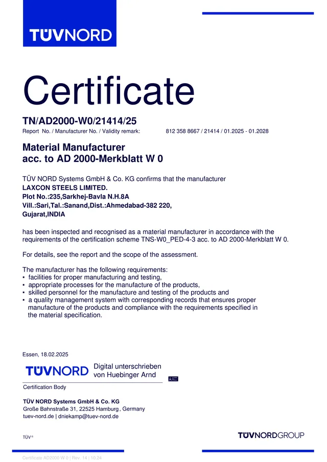 AD 2000-Merkblatt W 0 material manufacturer certificate issued by TUV NORD Systems