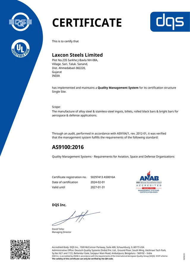 AS9100:2016 Revision D aerospace certificate issued to Laxcon Steels Limited by DQS Inc