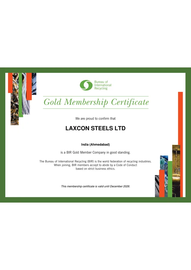 Bureau of International Recycling gold membership certificate 2026 for Laxcon Steels Ltd