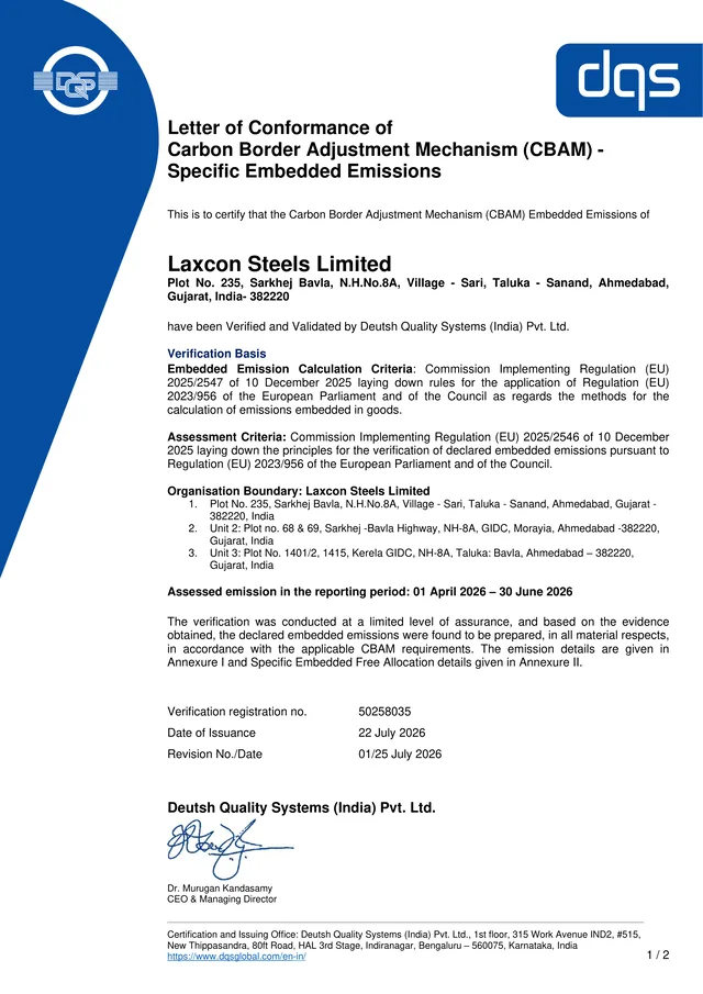 DQS India letter of conformance for the CBAM specific embedded emissions of Laxcon Steels Limited
