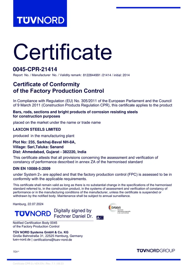 CE marking certificate of conformity of the factory production control for Laxcon Steels Limited