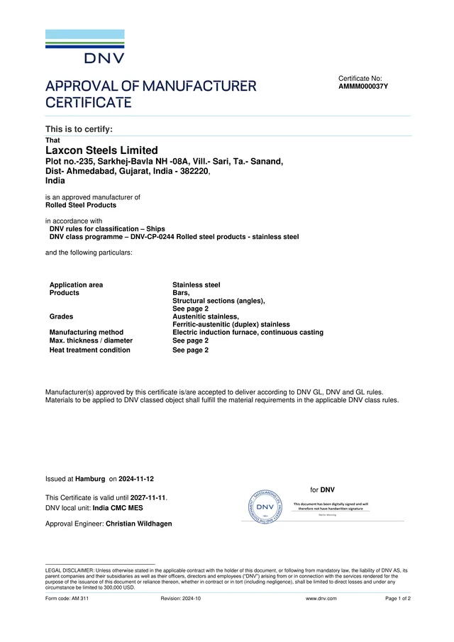 DNV approval of manufacturer certificate for rolled steel products, Laxcon Steels Limited