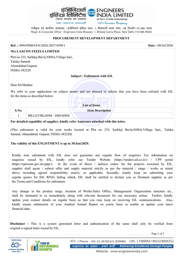 Engineers India Limited enlistment letter for Laxcon Steels Limited, billets and blooms in duplex stainless steel