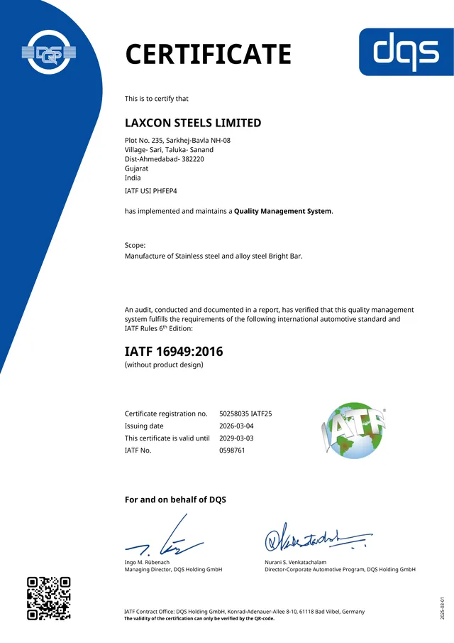 IATF 16949:2016 certificate issued to Laxcon Steels Limited by DQS Holding GmbH