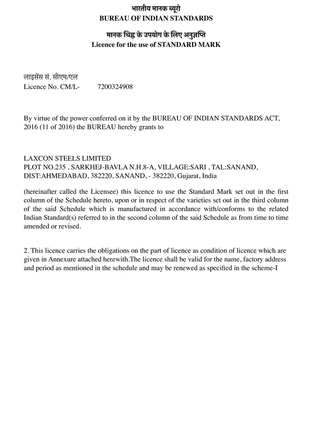 Bureau of Indian Standards licence IS 15997:2012 for low nickel austenitic stainless steel