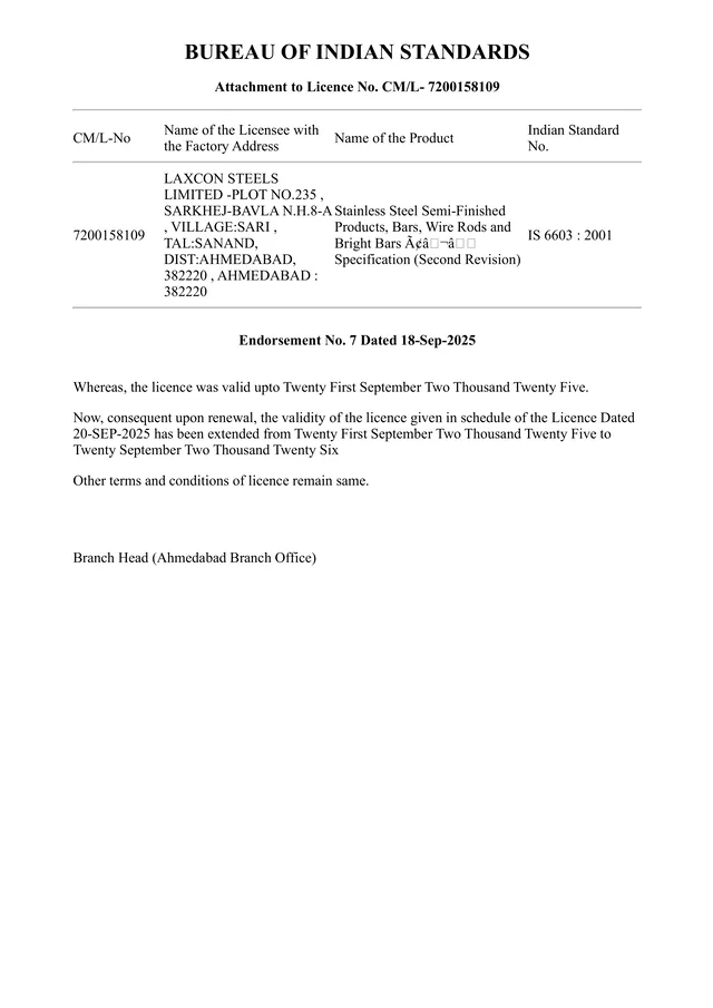 Bureau of Indian Standards licence IS 6603:2001 renewal endorsement for stainless steel bars and bright bars