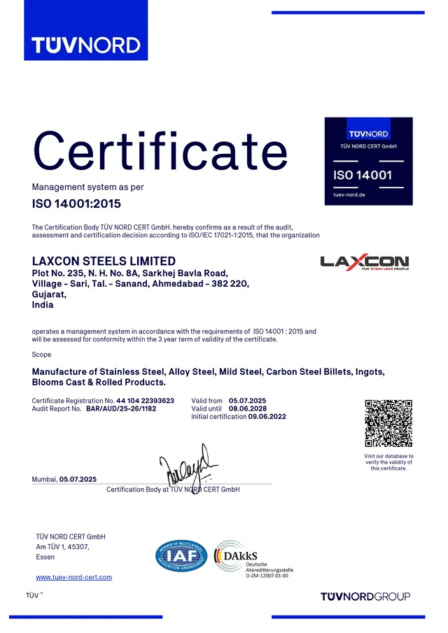 ISO 14001:2015 certificate issued to Laxcon Steels Limited by TUV NORD CERT