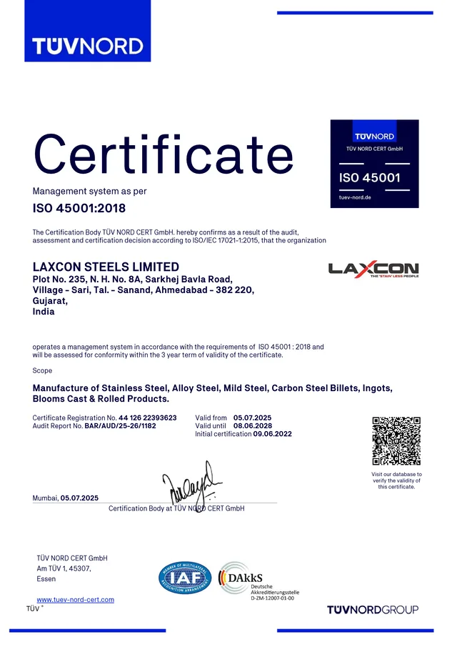 ISO 45001:2018 certificate issued to Laxcon Steels Limited by TUV NORD CERT