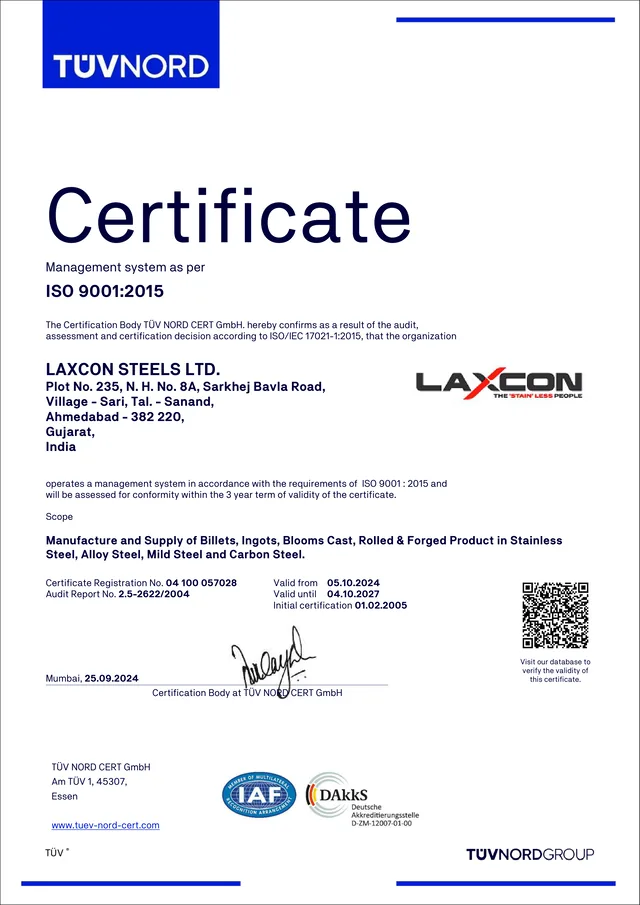ISO 9001:2015 certificate issued to Laxcon Steels Limited by TUV NORD CERT