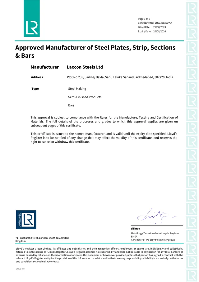 Lloyd&rsquo;s Register approved manufacturer certificate for steel plates, strip, sections and bars