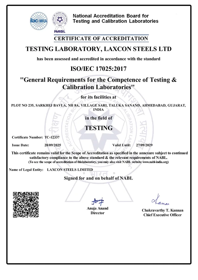 NABL certificate of accreditation to ISO/IEC 17025:2017 for the Laxcon Steels testing laboratory