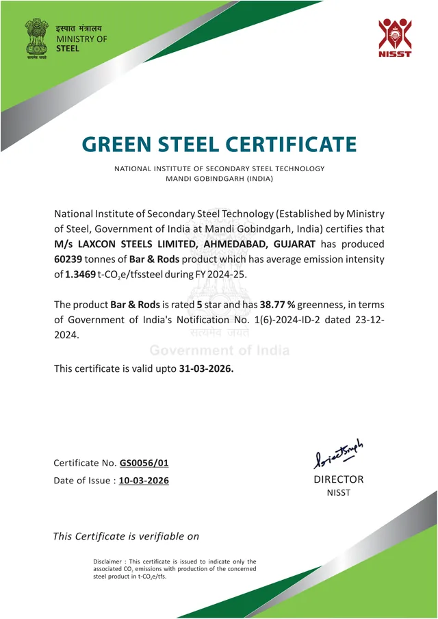 Green Steel Certificate issued to Laxcon Steels Limited by the National Institute of Secondary Steel Technology, Ministry of Steel