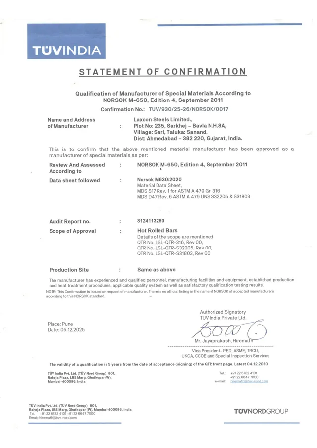 NORSOK M-650 statement of confirmation for Laxcon Steels Limited issued by TUV India