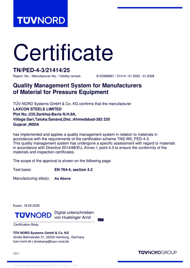 Pressure Equipment Directive certificate for a manufacturer of material for pressure equipment, Laxcon Steels Limited