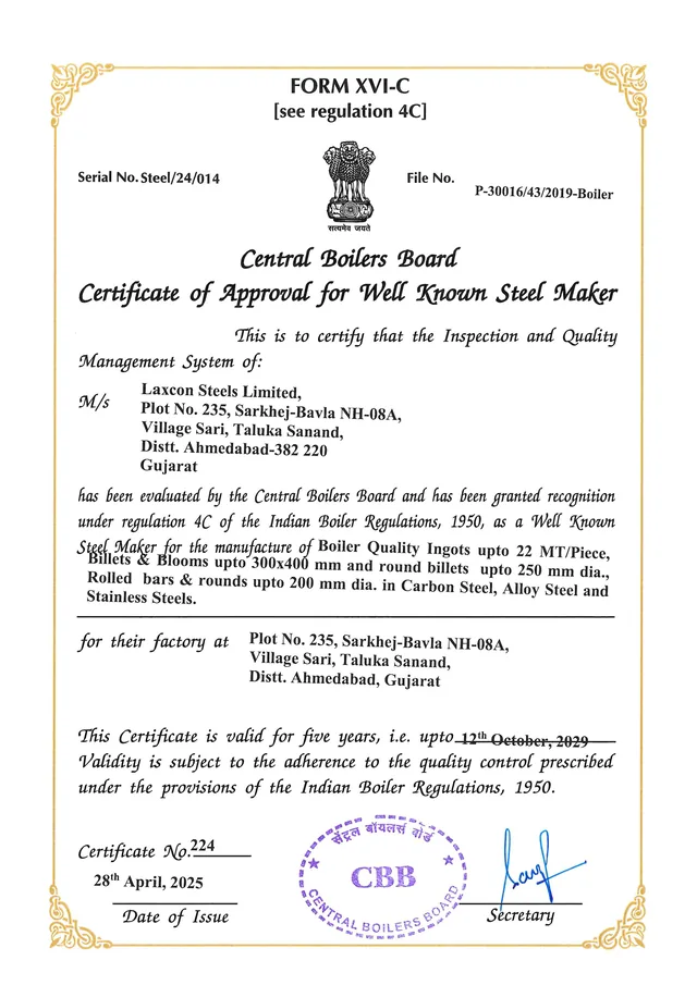Form XVI-C certificate of approval as a Well Known Steel Maker under the Indian Boiler Regulations