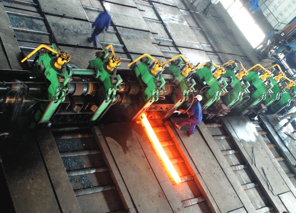Glowing billet in the hot rolling mill